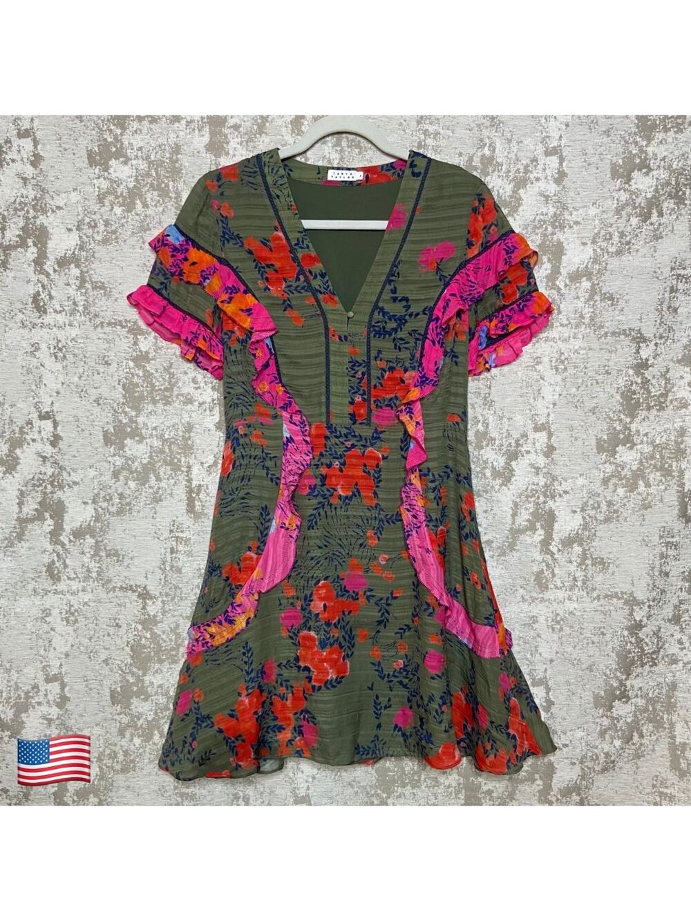 Tanya Taylor Rhett Floral Silk Dress in Green/Pink